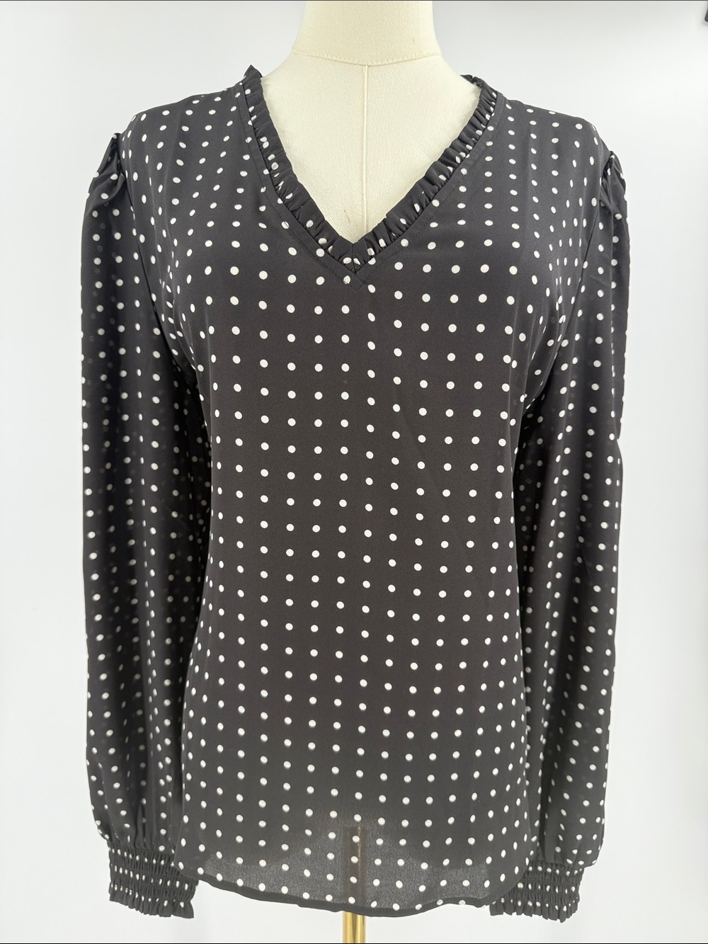 Ann Taylor Factory Black and White Polka Dot V-Neck Blouse